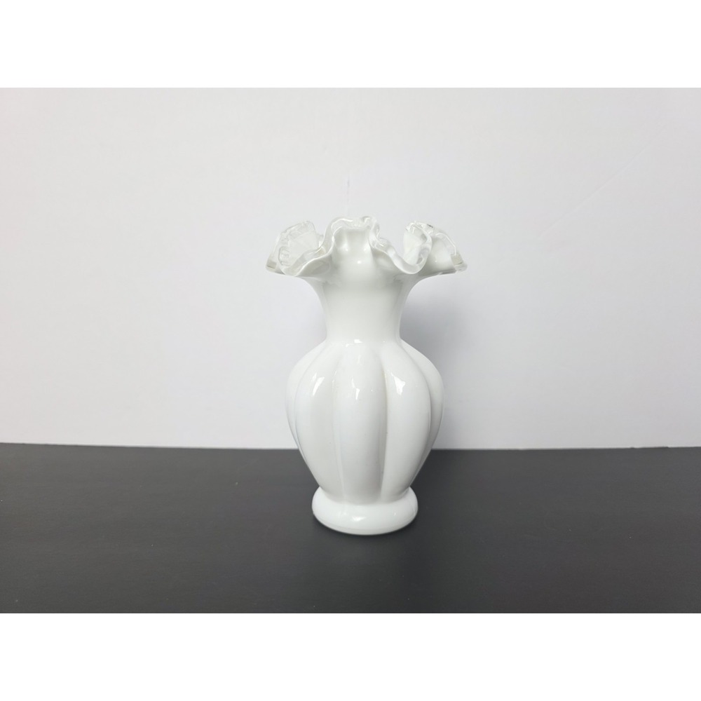 Vintage Fenton White Milk Glass Silver Crest Melon Vase 5 3/4"